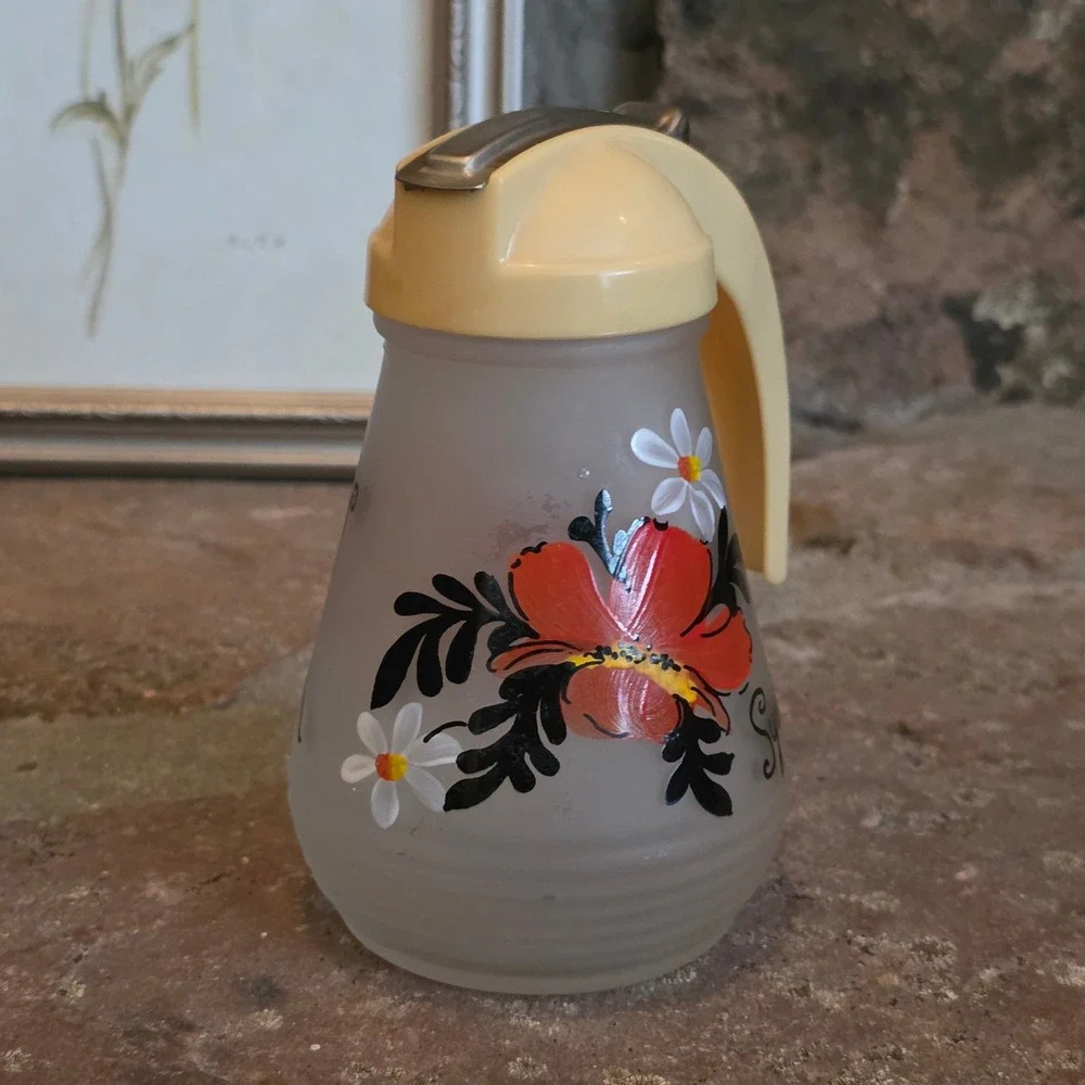 Vintage Frosted Glass Syrup Dispenser Hand Painted Floral Retro Kitchenania MCM